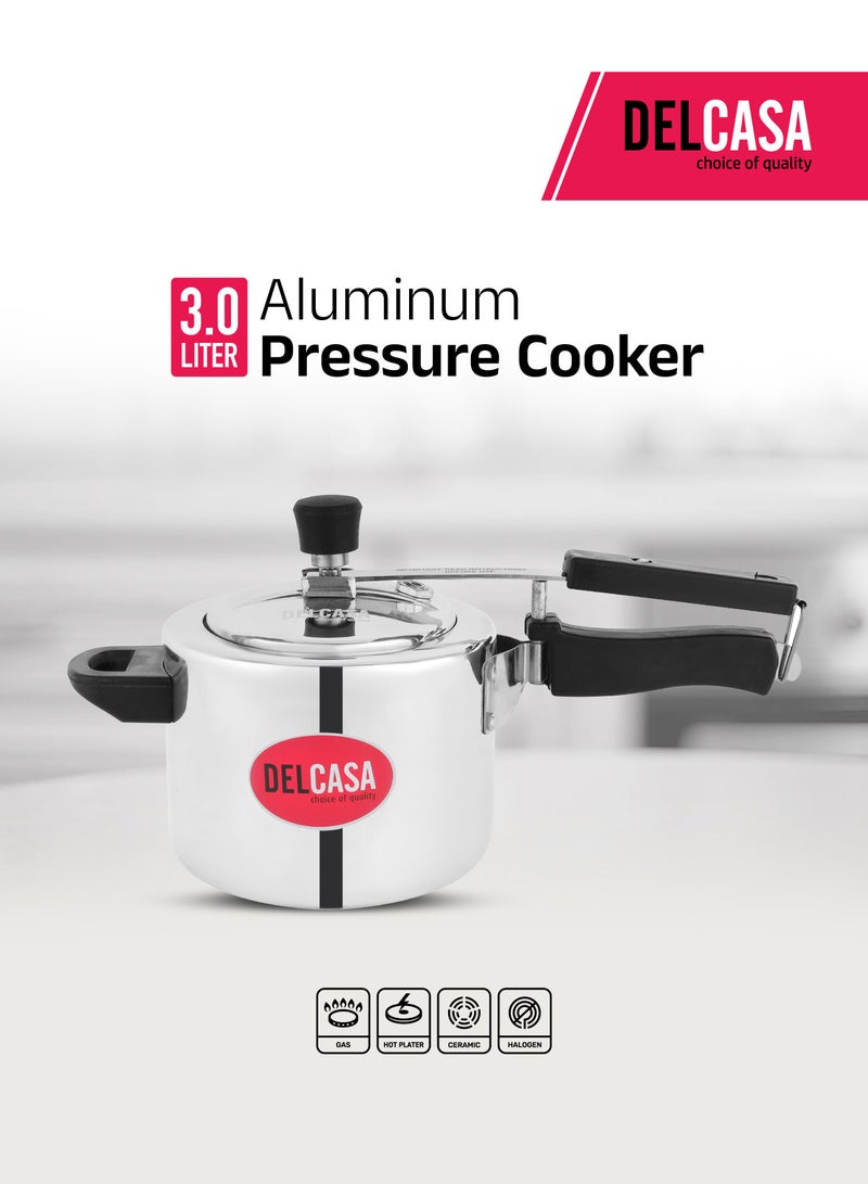 DELCASA 3 L Aluminum Pressure Cooker- Equipped with Whistling and Safety Valve and Inner Lid, Durable Construction with Firm and Comfortable Bakelite Handles - Image 1